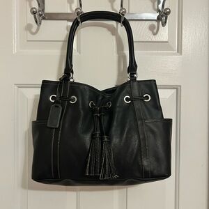 Tignanello Black Leather Drawstring Tote Shoulder Bag